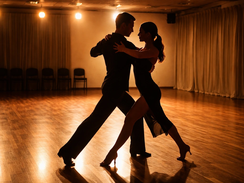Blurred professional Latin dance studio scene with a couple dancing under warm lights, symbolizing Artem’s dance career.