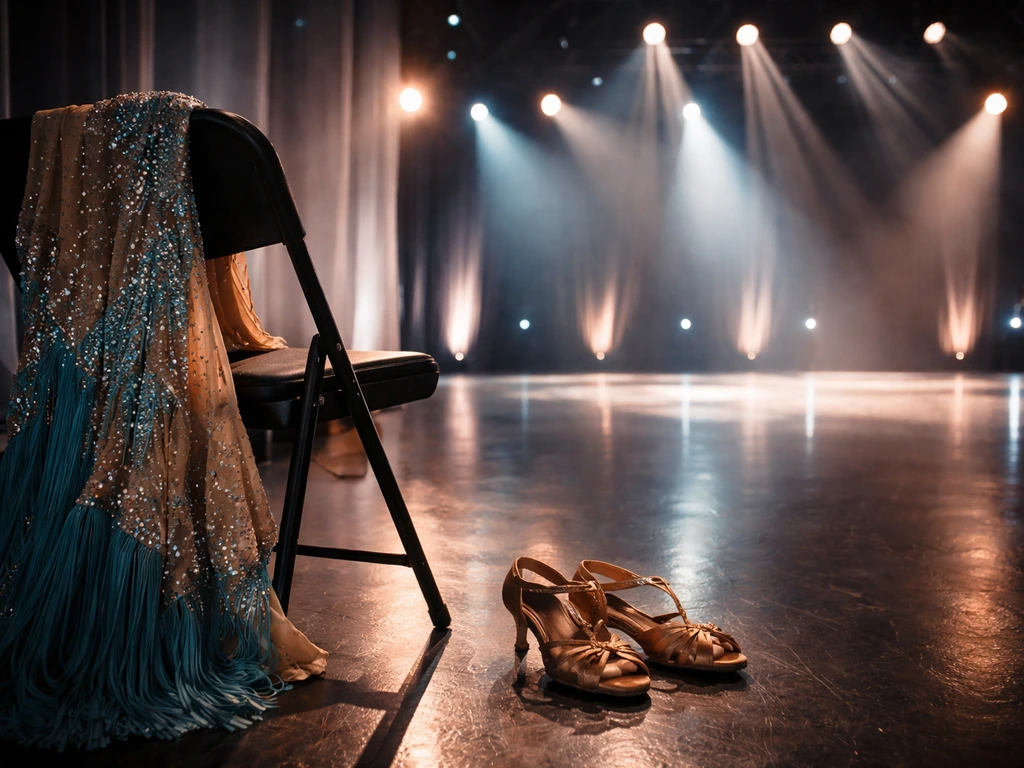 Dancing stage scene with dramatic lights and a shimmering performance costume, symbolizing TV performance income