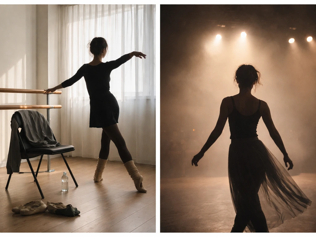 Minimal collage of a dance studio rehearsal with a stage-like lighting atmosphere and movement