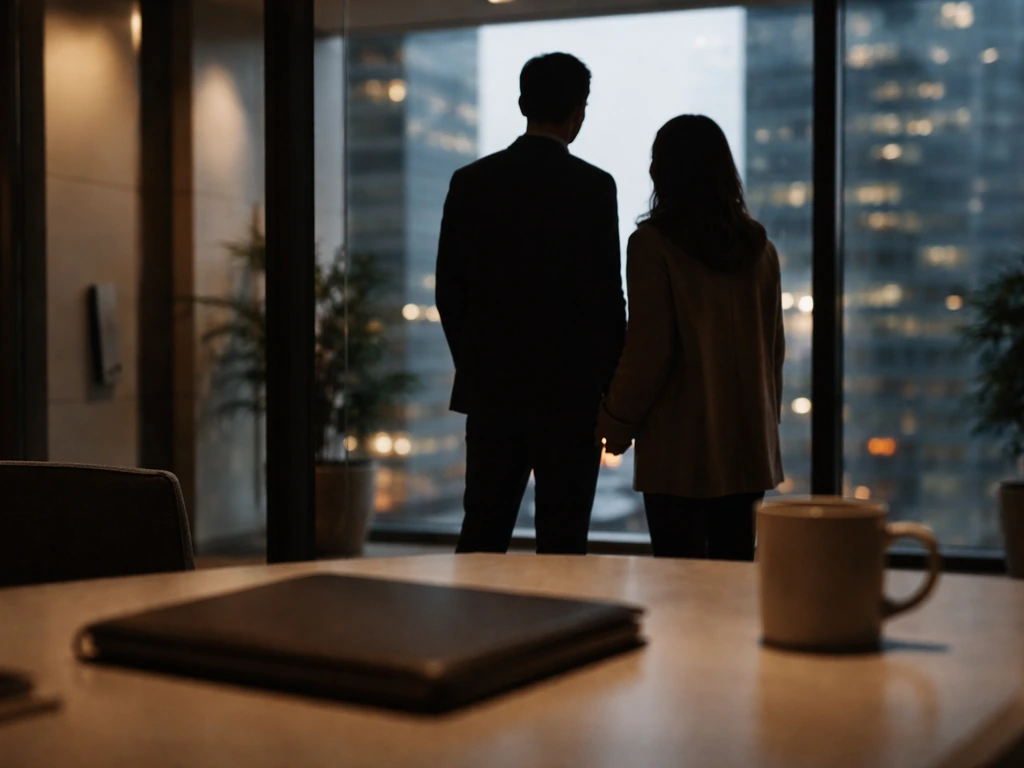 Anonymous couple silhouette in an office lobby by a window, suggesting uncertainty about a husband’s identity.