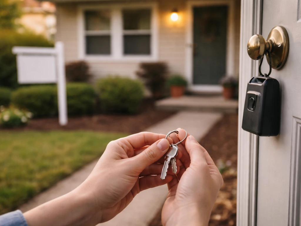 Hands holding keys beside a key-in-lock box at a suburban home with a yard sign in view.