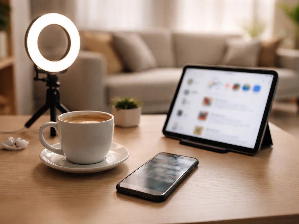 Minimal home creator desk with phone, ring light, and blurred social media screens in warm natural light.