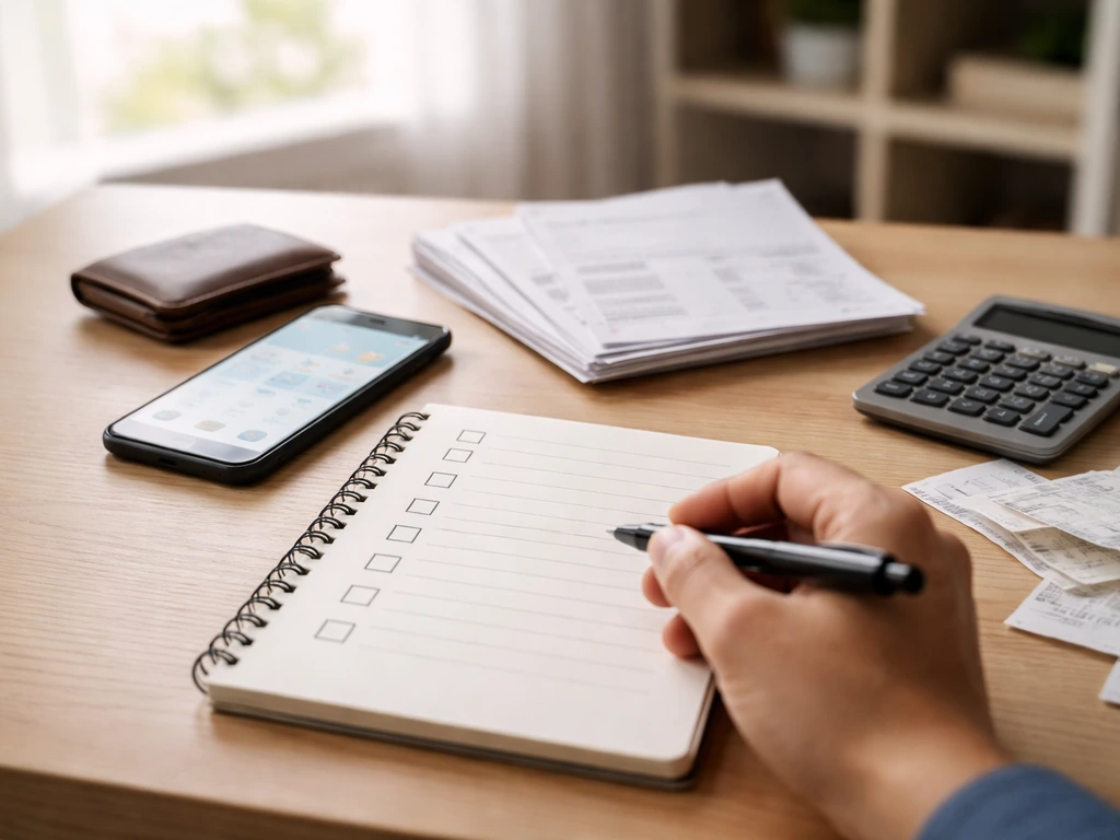 Minimal desk scene with blank checklist pages, receipts, wallet, and phone, suggesting net-worth verification.