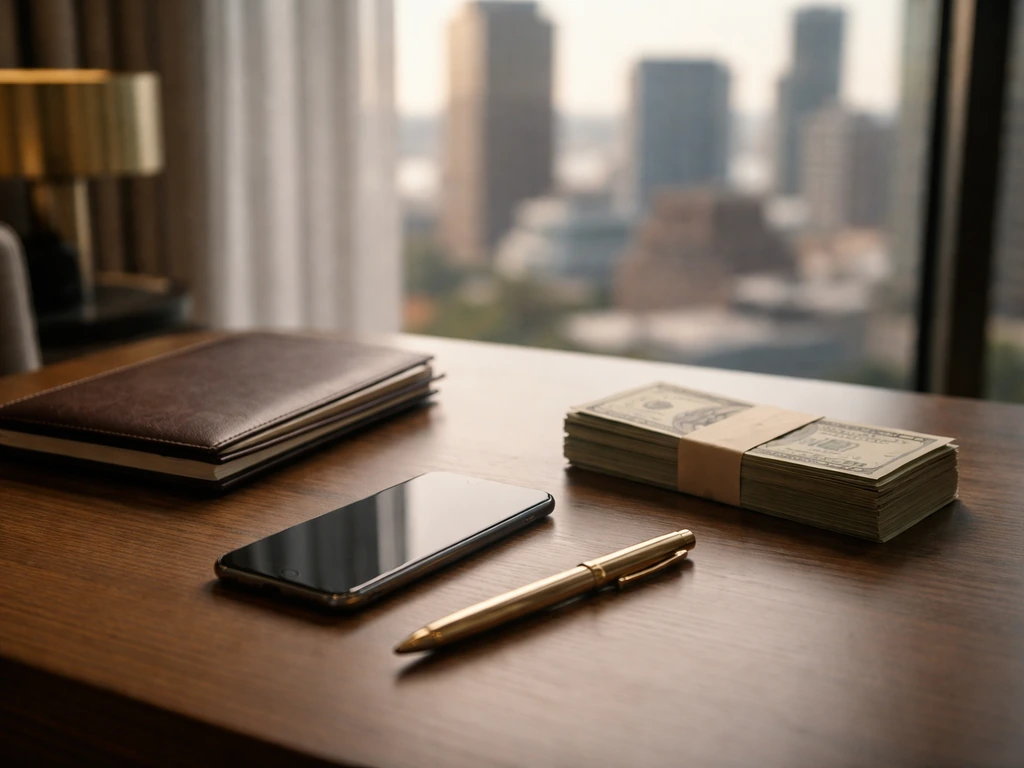 Luxury desk with cash and business items, blurred city view, symbolizing an estimated net worth.