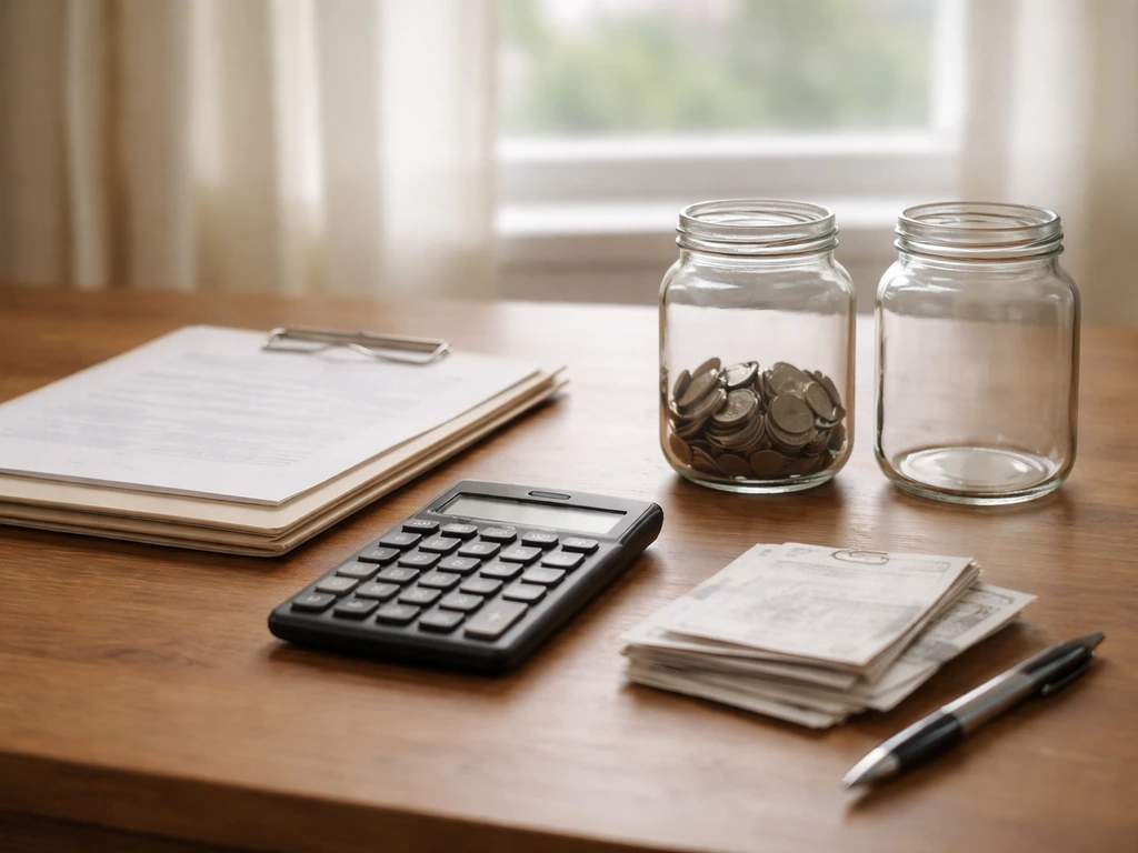 Simple photo of a desk with calculator, documents, and a pen symbolizing assets minus liabilities.