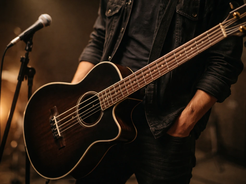 Anonymous musician’s bass guitar and mic in a minimal rehearsal stage setting, no face visible.