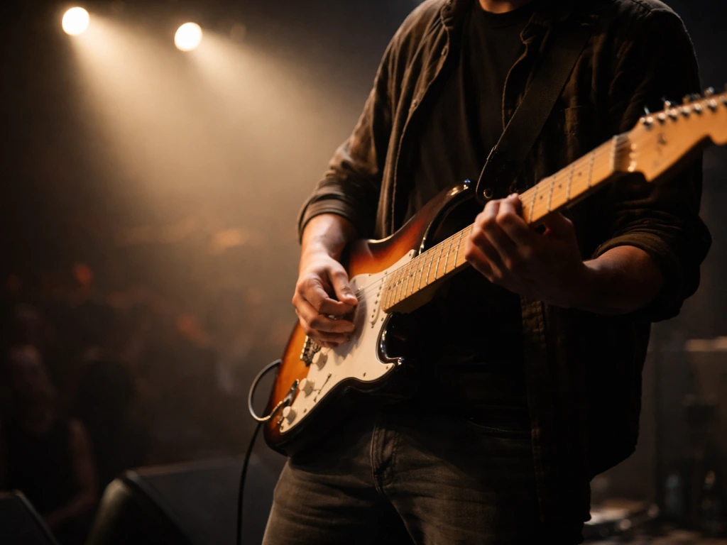 Musician performing with guitar under stage lights, blurred background, symbolic of income from live shows