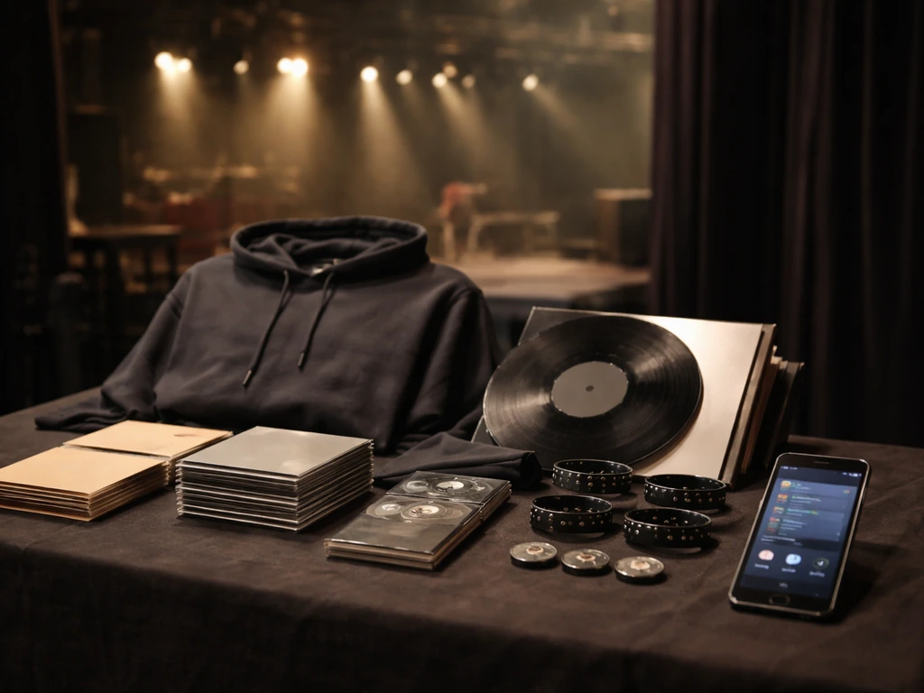 Minimal backstage scene: merch table with band-style items, a laptop showing music streaming icons, and stage lights beh
