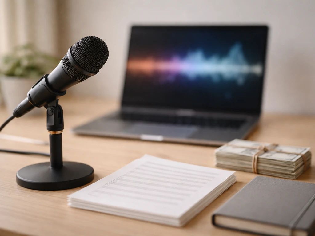 Minimal studio scene with a microphone and laptop showing an abstract music-wave background for comparison context.