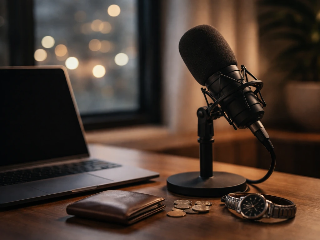 Minimal studio scene with microphone and soft city lights, symbolizing the creator behind Blippi and wealth
