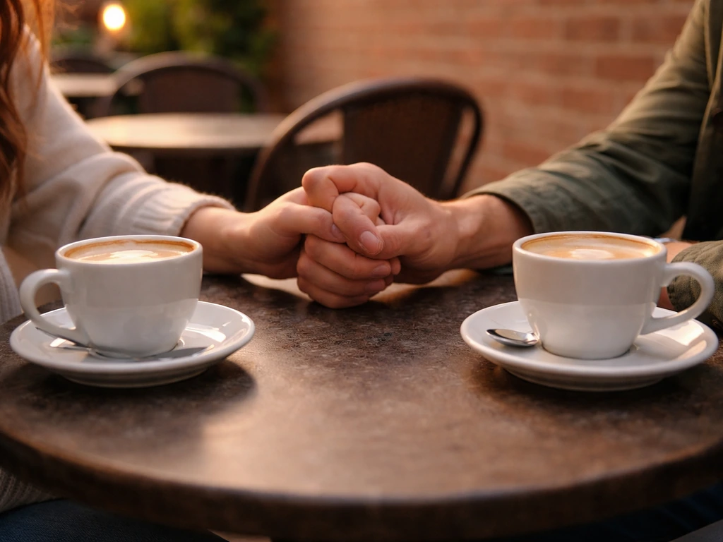 Couple holding hands at a quiet outdoor café table, soft natural light symbolizing a relationship timeline.