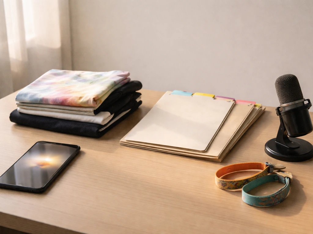 Minimal studio desk showing four symbolic income streams: phone, merchandise, folders, and wristbands.