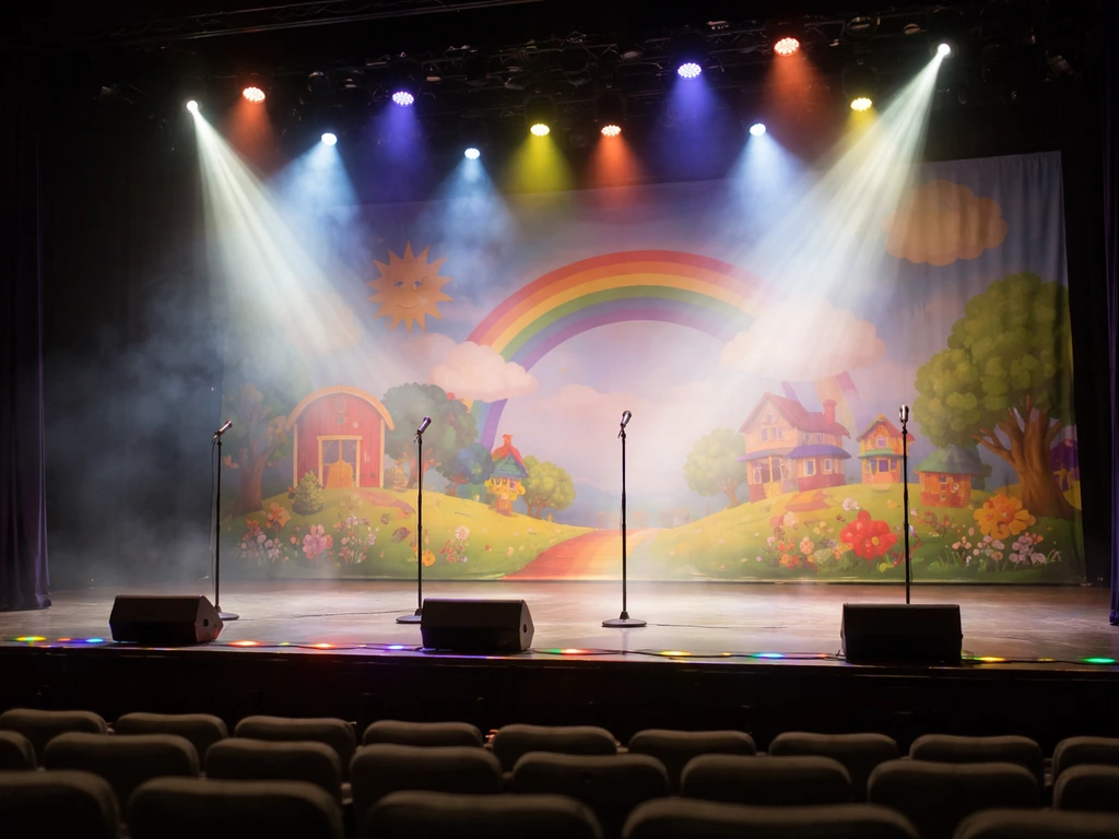 Brightly lit children’s live show stage with stage lights and empty seating in a small theater.