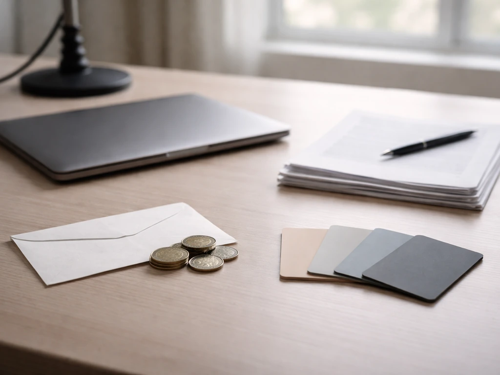 Minimal office scene with a laptop, neatly stacked documents, and symbolic money and startup tokens on a desk.