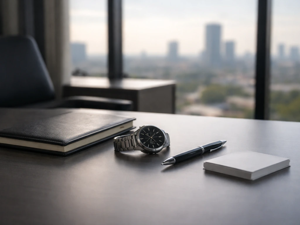 Minimal office desk scene with a timepiece and blurred city skyline, symbolizing career progression