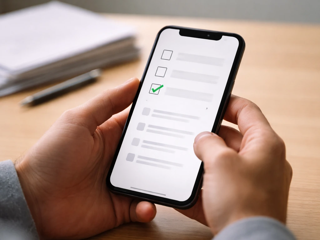 Close-up of a smartphone showing a simple checklist and search results for matching skateboarding sources
