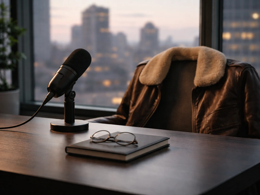 Minimal office desk with a microphone and aviation-themed jacket, symbolizing a business media career.