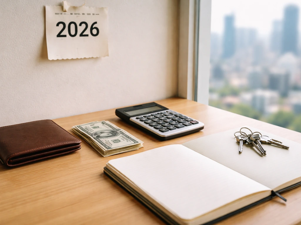 Minimal desk with wallet, calculator, cash, blank notebook, keys, and a blurred 2026 calendar sheet.