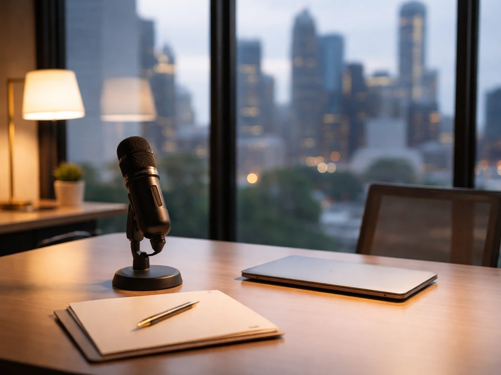 Minimal office scene with microphone and business desk elements, symbolizing an executive role.