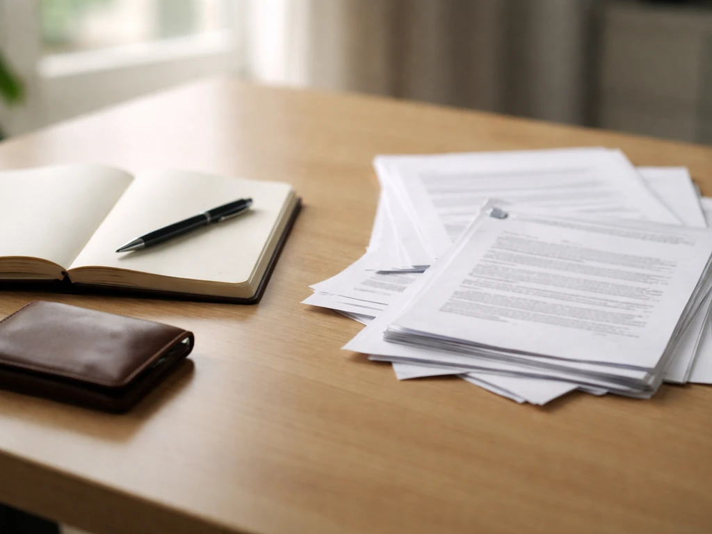 Minimal photo of an open notebook with a pen and scattered documents beside a closed wallet in natural light.