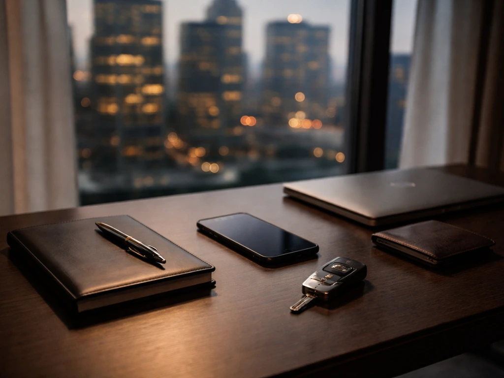 A luxury desk setup with business documents, a smartphone, and a city skyline at dusk symbolizing an entrepreneur husban