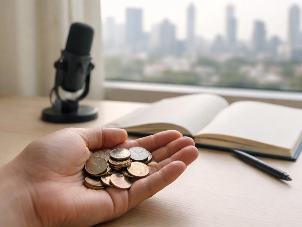 Anonymous hand holding coins on a desk near a microphone, with a blurred city view—symbolic money analysis scene.