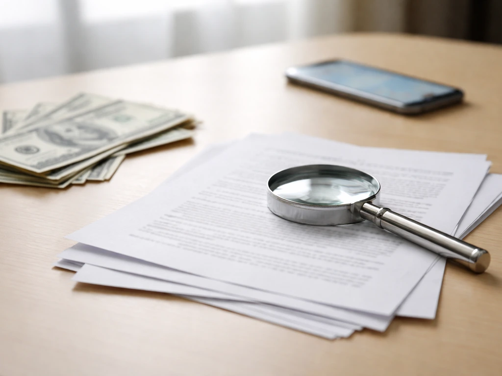 Minimal desk scene with scattered documents, a magnifying glass over banknotes, and a phone displaying no readable text