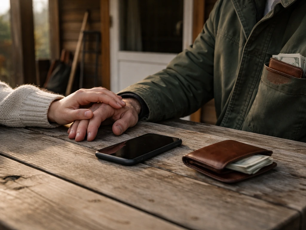 Rustic porch table with a smartphone and wallet, symbolizing lifestyle media and household wealth.