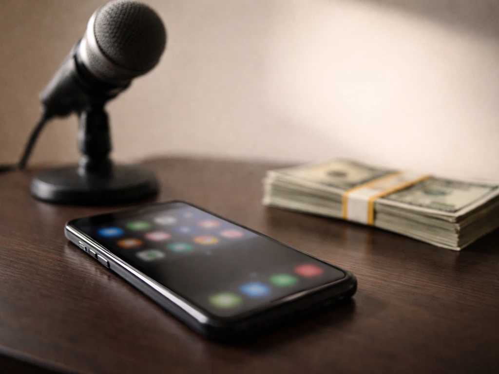 Close-up of a phone on a desk with a microphone and out-of-focus cash, suggesting social media and net worth interest.