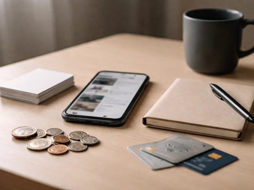 Minimal photo of a small desk setup with smartphone displaying blurred media, and scattered coins suggesting income stre