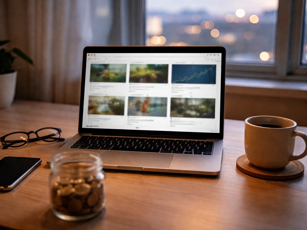 Minimal home office desk with a laptop showing blurred investing thumbnails and abstract market lines, coins jar.