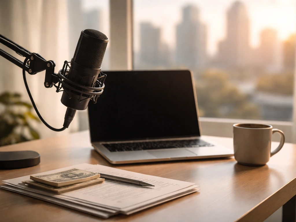Minimal photo of a desk setup with a microphone, laptop, and investment-themed atmosphere in natural light.