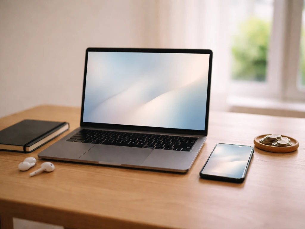 Minimal desk scene with phone and laptop showing abstract finance income stream symbols, no text.