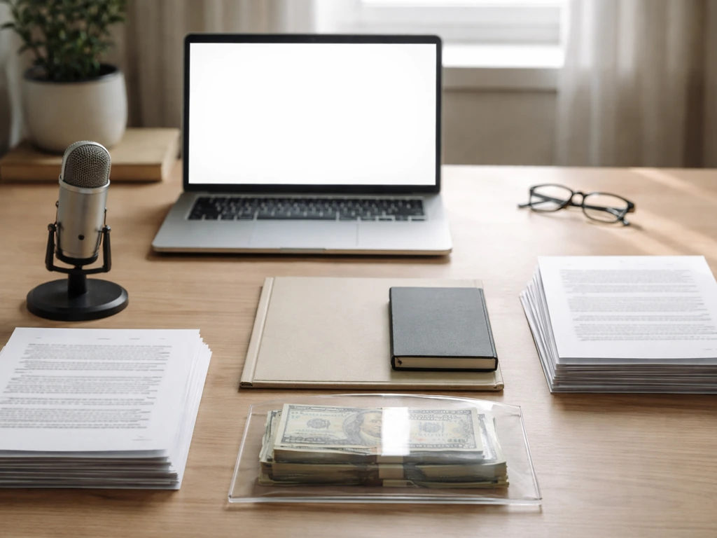 Minimal home office desk with laptop, printed pages, microphone, and money suggesting conflicting online estimates.