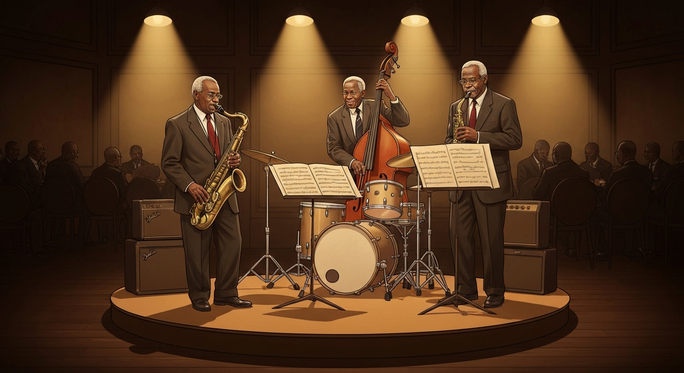 Stylized archival illustration of three jazz musicians onstage—saxophone, double bass, and drums—evoking the Heath brothers in a warm mid-century jazz-club setting.