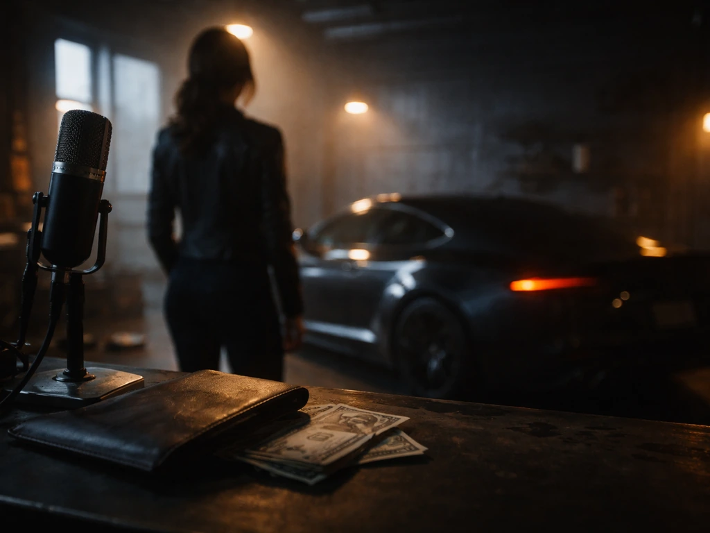Luxury media-style scene with cash, studio mic, and a sleek car exterior at dusk, evoking wealth and lifestyle.