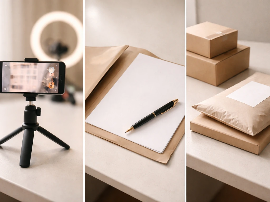 Three-panel desk collage showing creator phone setup, blank contract paper, and merch shipping boxes.