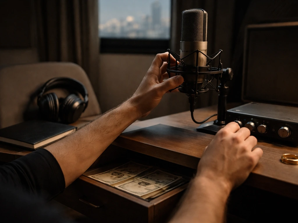 Anonymous studio recording setup with hands adjusting a microphone, with subtle wealth cues like cash nearby.