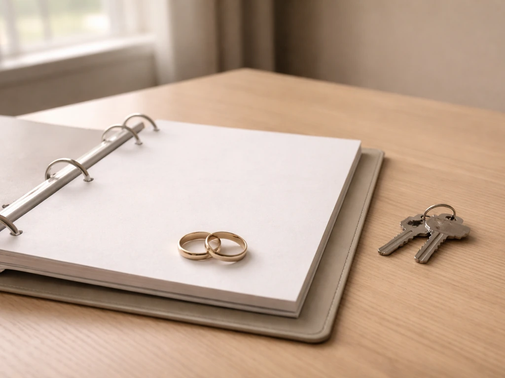 Close-up of two-person ownership concept: open binder with a blank trust document beside a ring and keys on desk