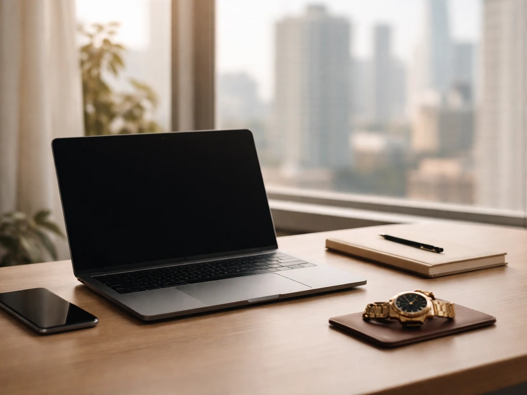 Minimal desk scene with laptop, smartphone, and a gold watch symbolizing income and earnings update