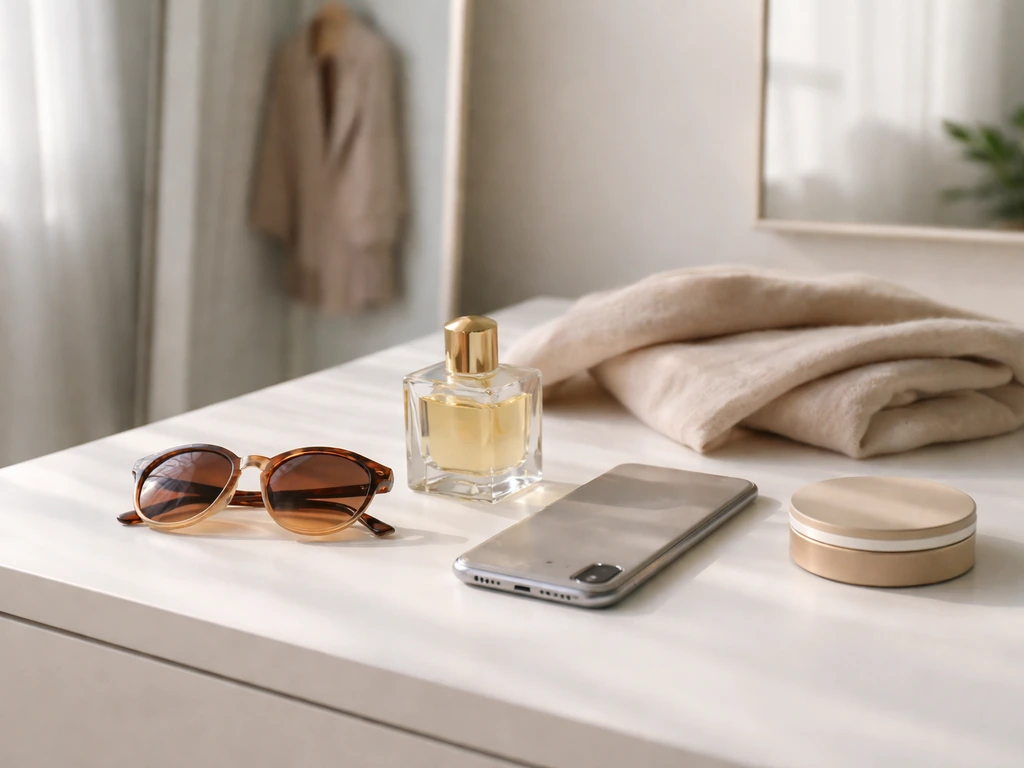 Lifestyle fashion blogger vibe: a neatly styled vanity desk with perfume, sunglasses, and a smartphone.