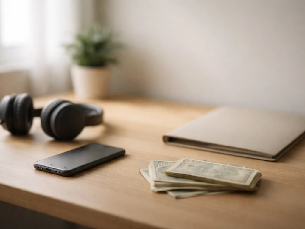 Minimal home-office desk with headphones, smartphone, and small cash stack suggesting uncertain money estimates