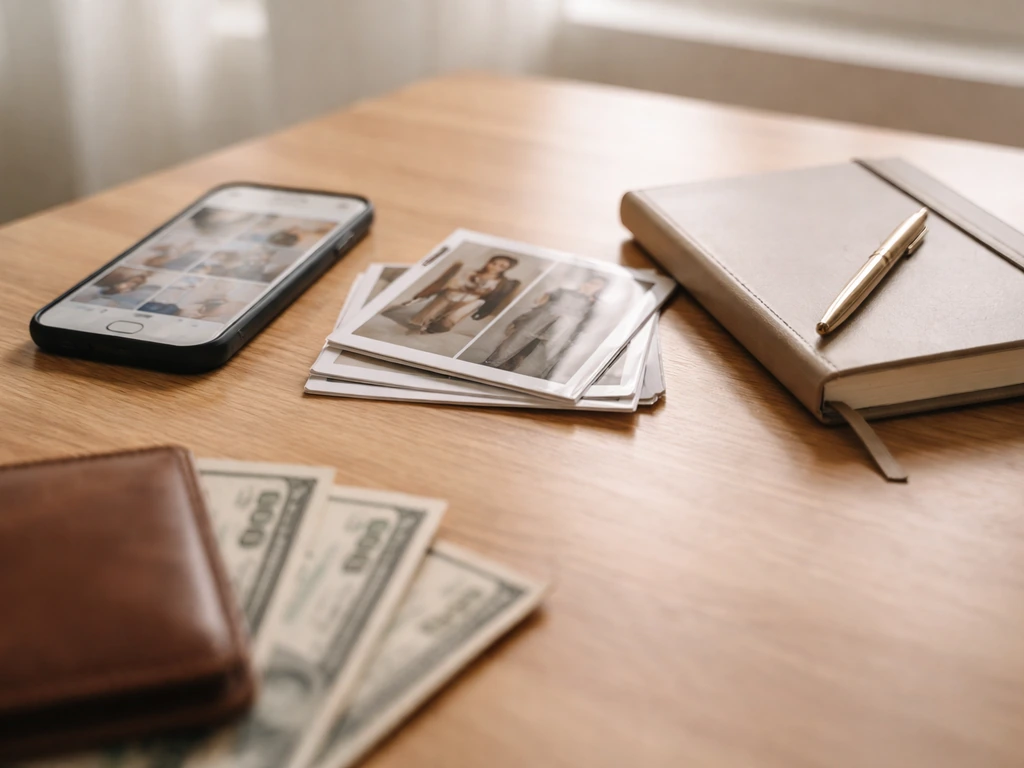 Lifestyle media desk with smartphone, glossy photos, and scattered cash symbolizing earnings channels.