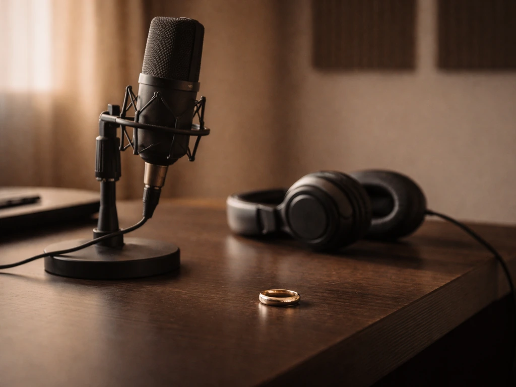 Luxury music studio desk with studio mic and a wedding-band-like ring symbolizing Jay-Z as Beyoncé’s husband