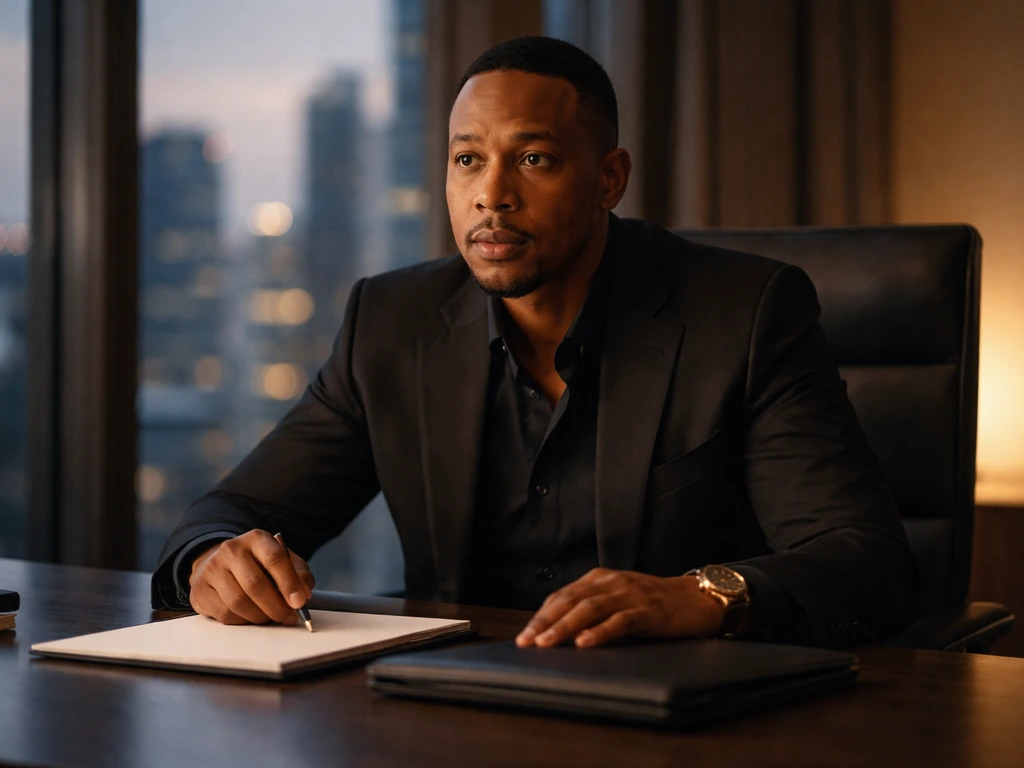 Jay-Z-like entrepreneur in a sleek office, reviewing business documents near a window at dusk