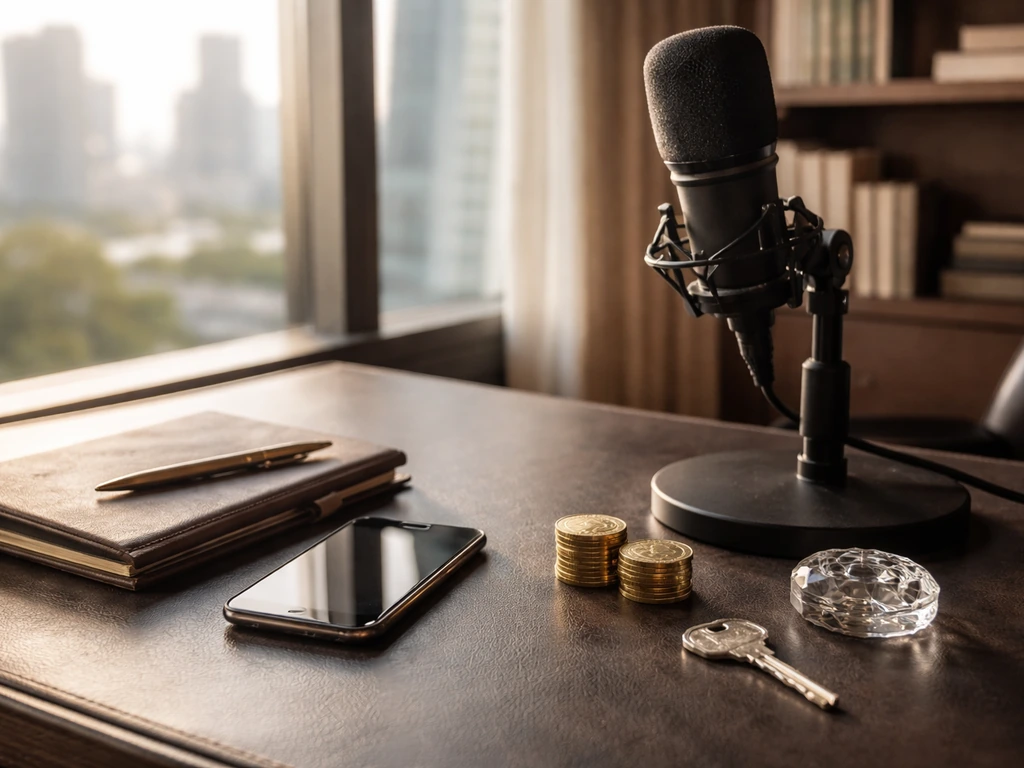 Minimal luxury office scene with a camera tripod and polished coin-like decor symbolizing media and wealth