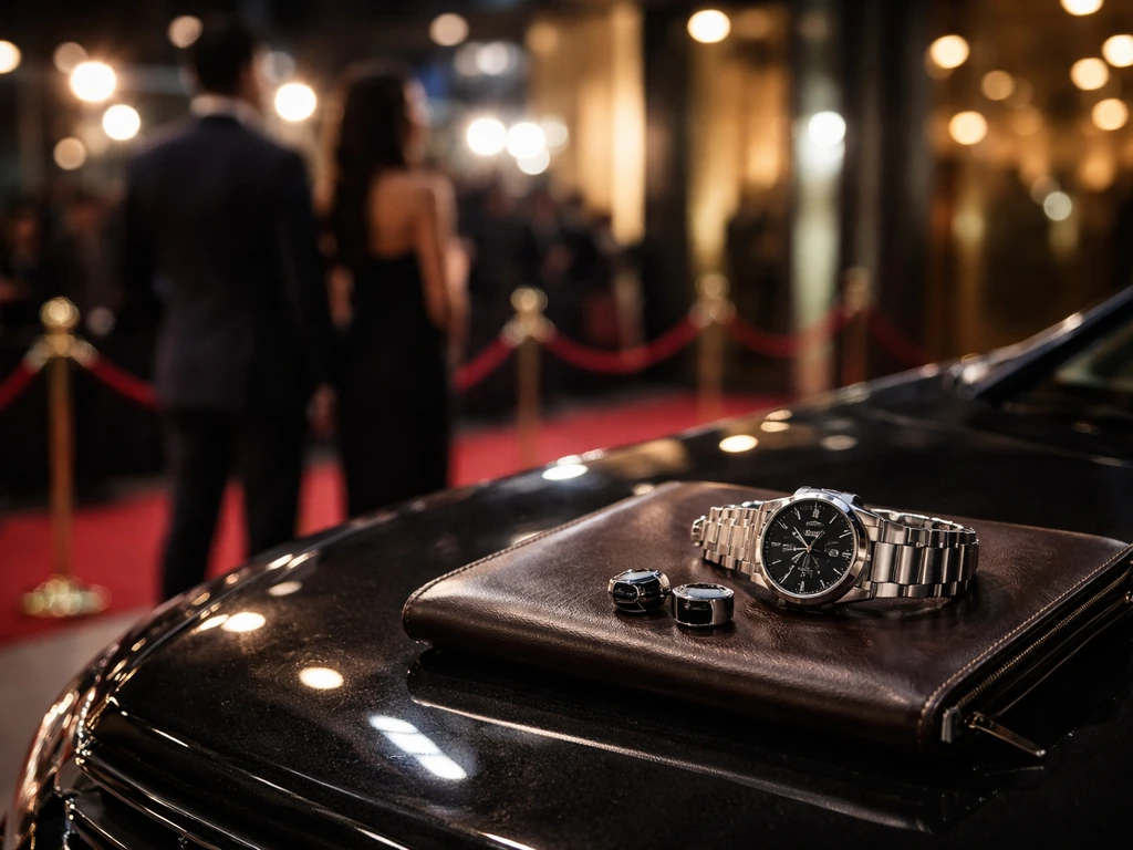 Candid media-industry event scene with subtle wealth symbolism in the background.