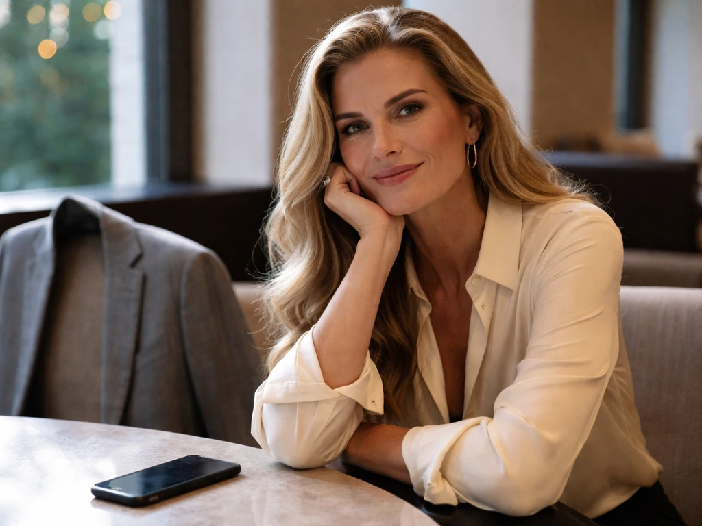Brooke Shields lookalike in a quiet lounge with a wedding ring and a man’s blazer hinting which husband.