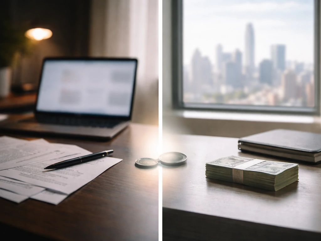 Minimal two-panel desk and city scene symbolizing conflicting net worth estimates, with blurred, non-text elements.