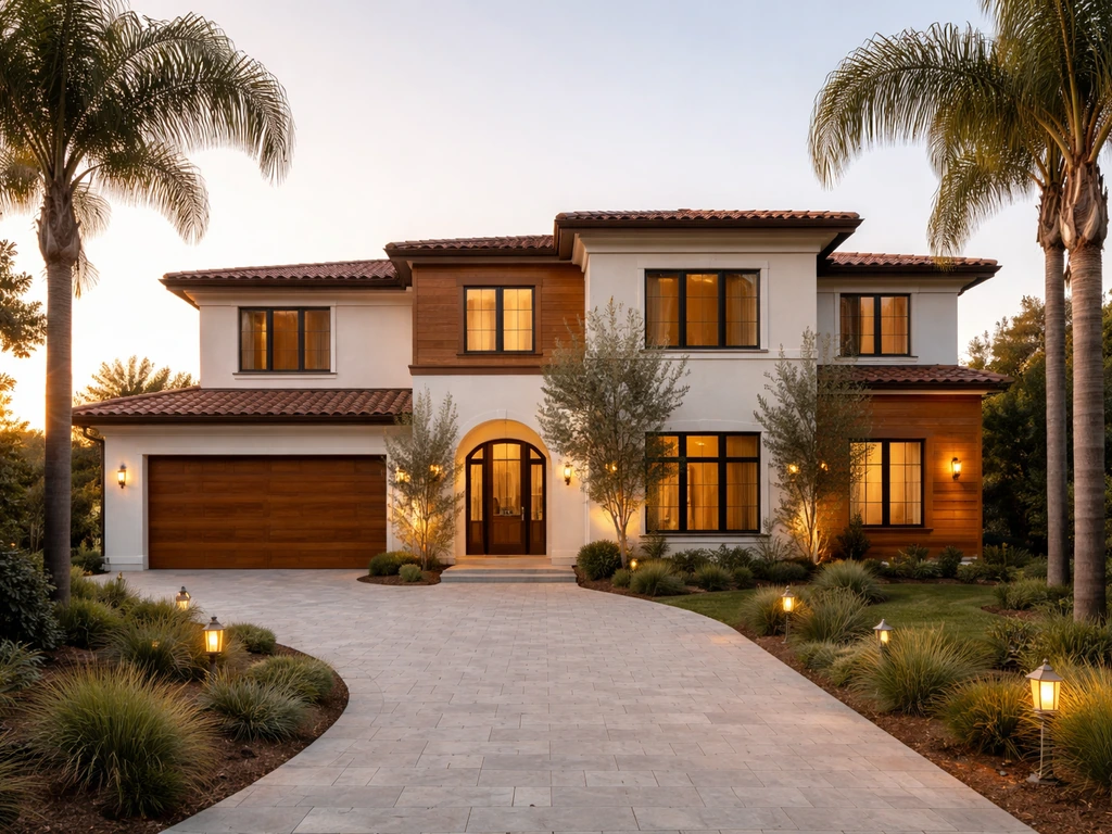 Golden-hour exterior of a luxury Pacific Palisades-style home with driveway and palm trees, no people.